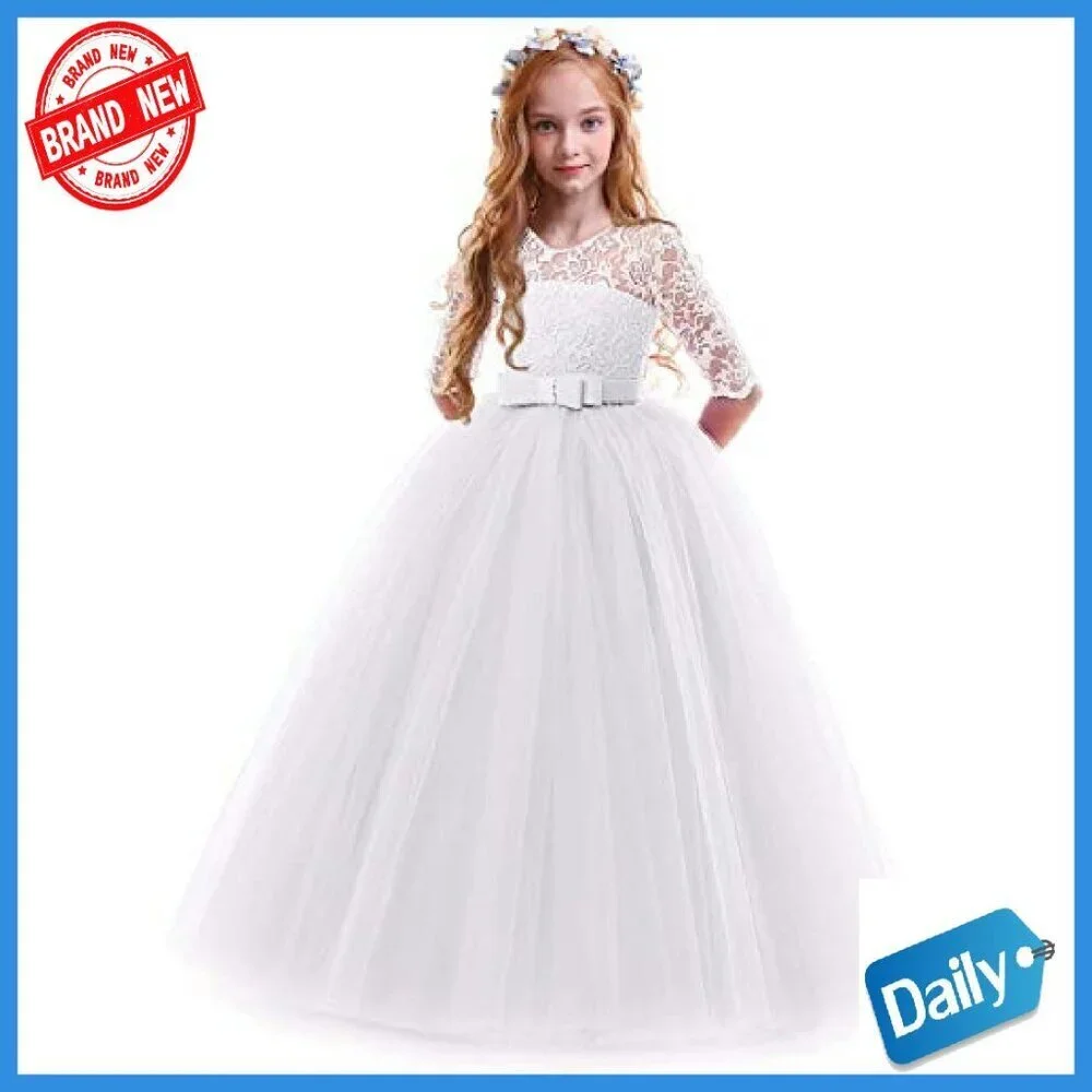 Girls Floral Lace 3/4 Sleeve Floor Length Formal Dress Size 2-14Y